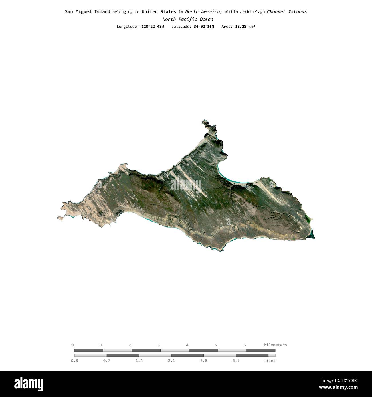 Die Insel San Miguel im Nordpazifik, die zu den Vereinigten Staaten gehört, wurde auf einem Satellitenbild vom 2. November 2023 mit Entfernungsskala isoliert Stockfoto