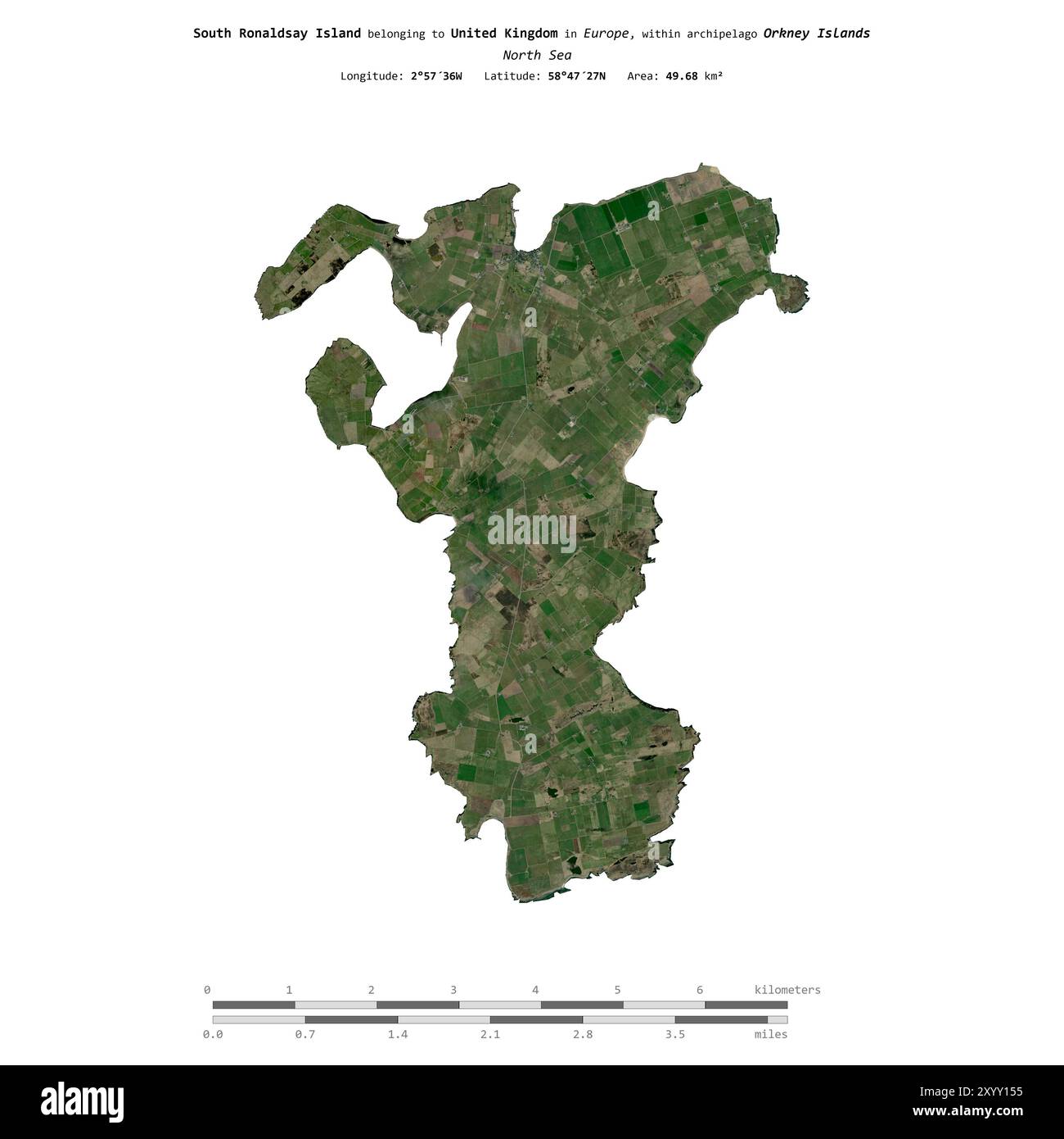 South Ronaldsay Island in der Nordsee, gehört zum Vereinigten Königreich, isoliert auf einem Satellitenbild, das im 30. Juni 2018 mit Entfernungsskala aufgenommen wurde Stockfoto