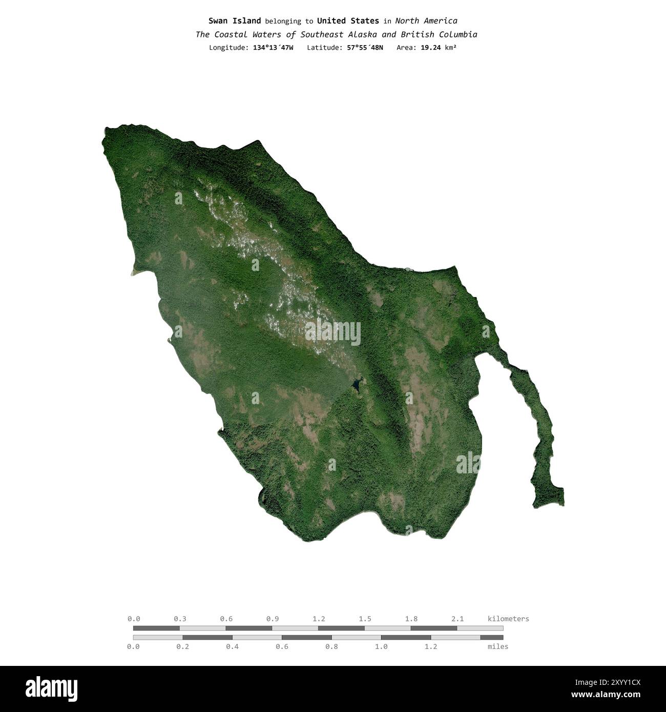 Swan Island in den Küstengewässern von Südost-Alaska und British Columbia, die zu den Vereinigten Staaten gehören, isoliert auf einem Satellitenbild, das im August aufgenommen wurde Stockfoto