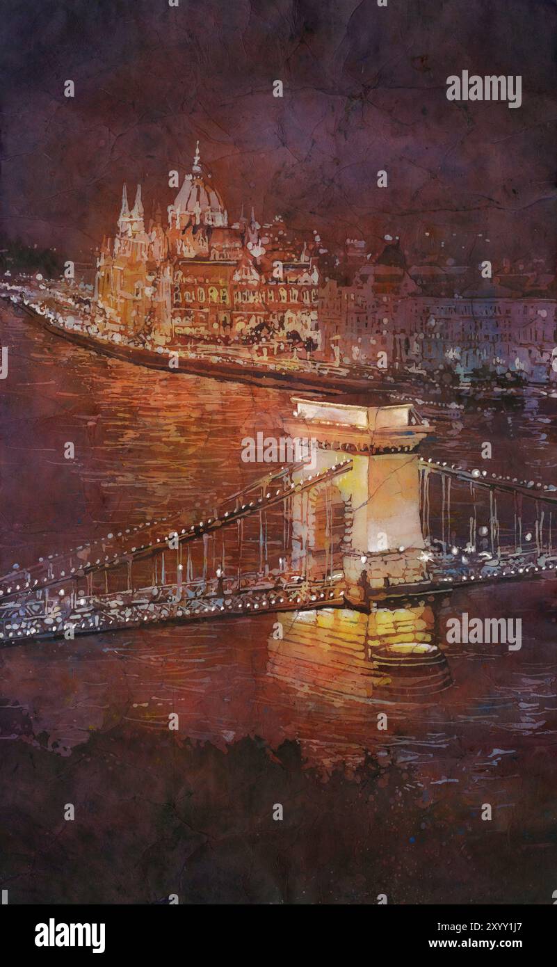 Budapester Skyline Aquarelllandschaft Ungarn handgefertigte Artikel Kunst für Hausreisen Essentials Wohnkultur Batikmalerei Stockfoto