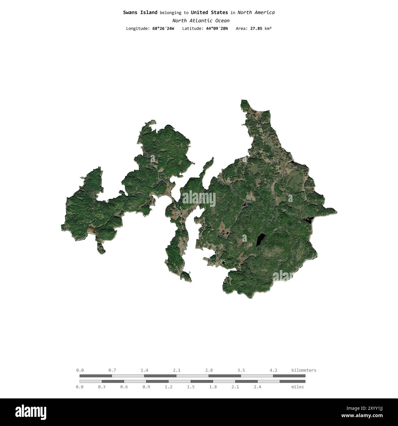 Swans Island im Nordatlantik, die zu den Vereinigten Staaten gehört, isoliert auf einem Satellitenbild, das am 12. Dezember 2023 mit Entfernungsskala aufgenommen wurde Stockfoto