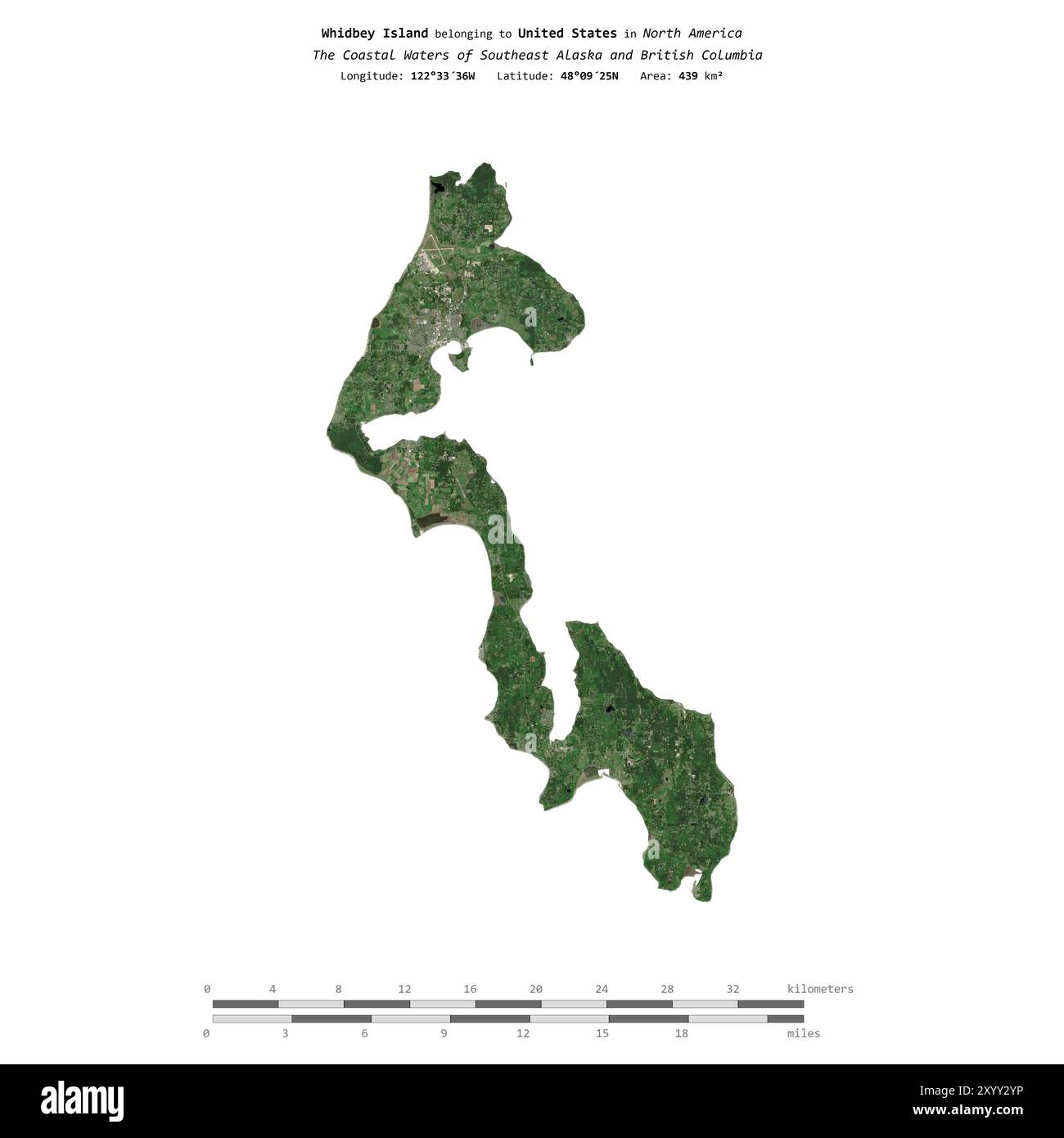 Whidbey Island in den Küstengewässern von Südost-Alaska und British Columbia, die zu den Vereinigten Staaten gehören, isoliert auf einem Satellitenbild, das aufgenommen wurde Stockfoto