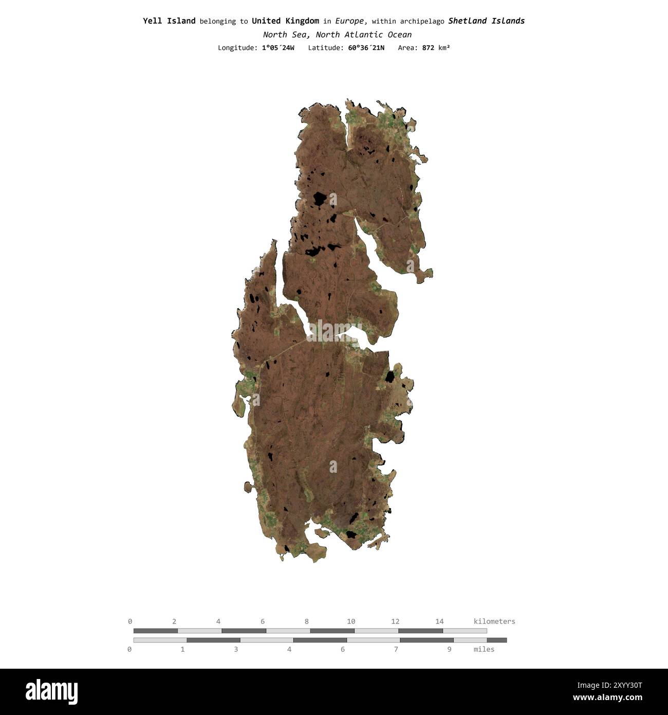 Yell Island in der Nordsee, zu Großbritannien gehört, isoliert auf einem Satellitenbild, das am 20. April 2020 mit Entfernungsskala aufgenommen wurde Stockfoto