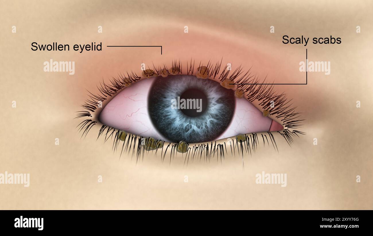 Medizinische Illustration der Blepharitis am menschlichen Auge Stockfoto