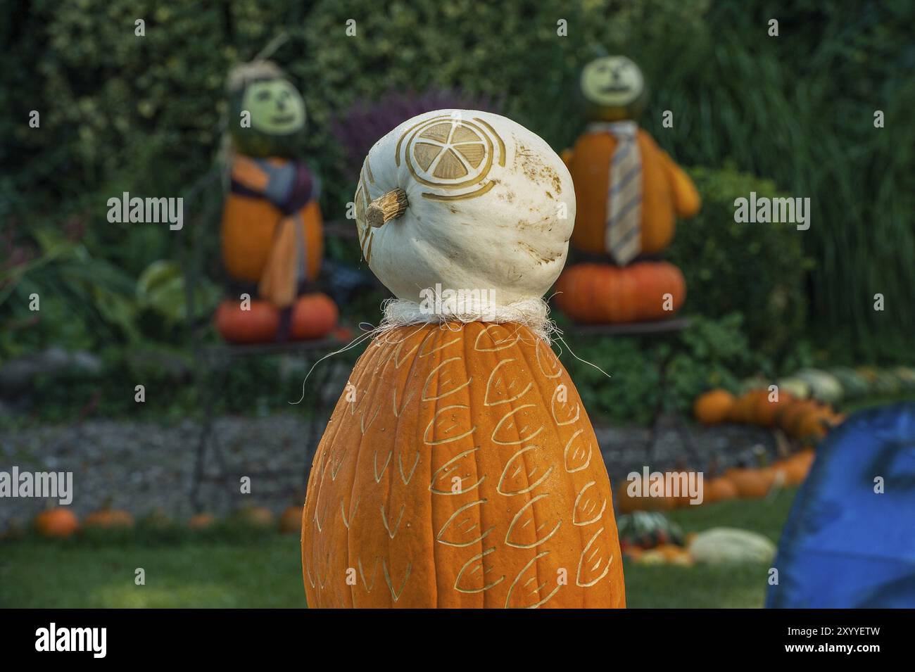 Großer Kürbis mit gemalter Vorderseite im Vordergrund, im Hintergrund kleinere geschmückte Kürbisse und herbstliche Gartenlandschaft, borken, münsterland, Ger Stockfoto