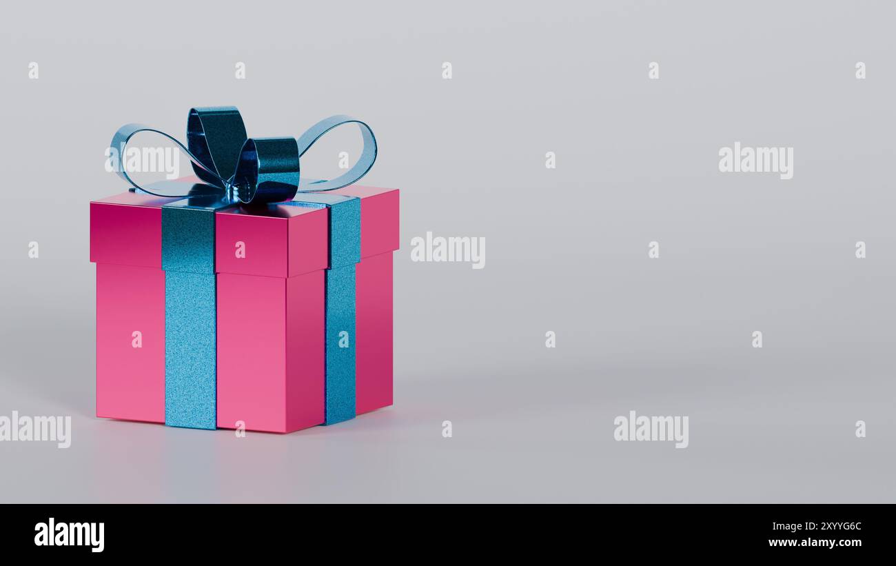 Raffinierte Geschenkbox mit minimalistischem Design. Leuchtend blaue Schleife im Kontrast zum Rosa. Weißer Hintergrund. Ideal für Grafikdesign und Marketing Stockfoto