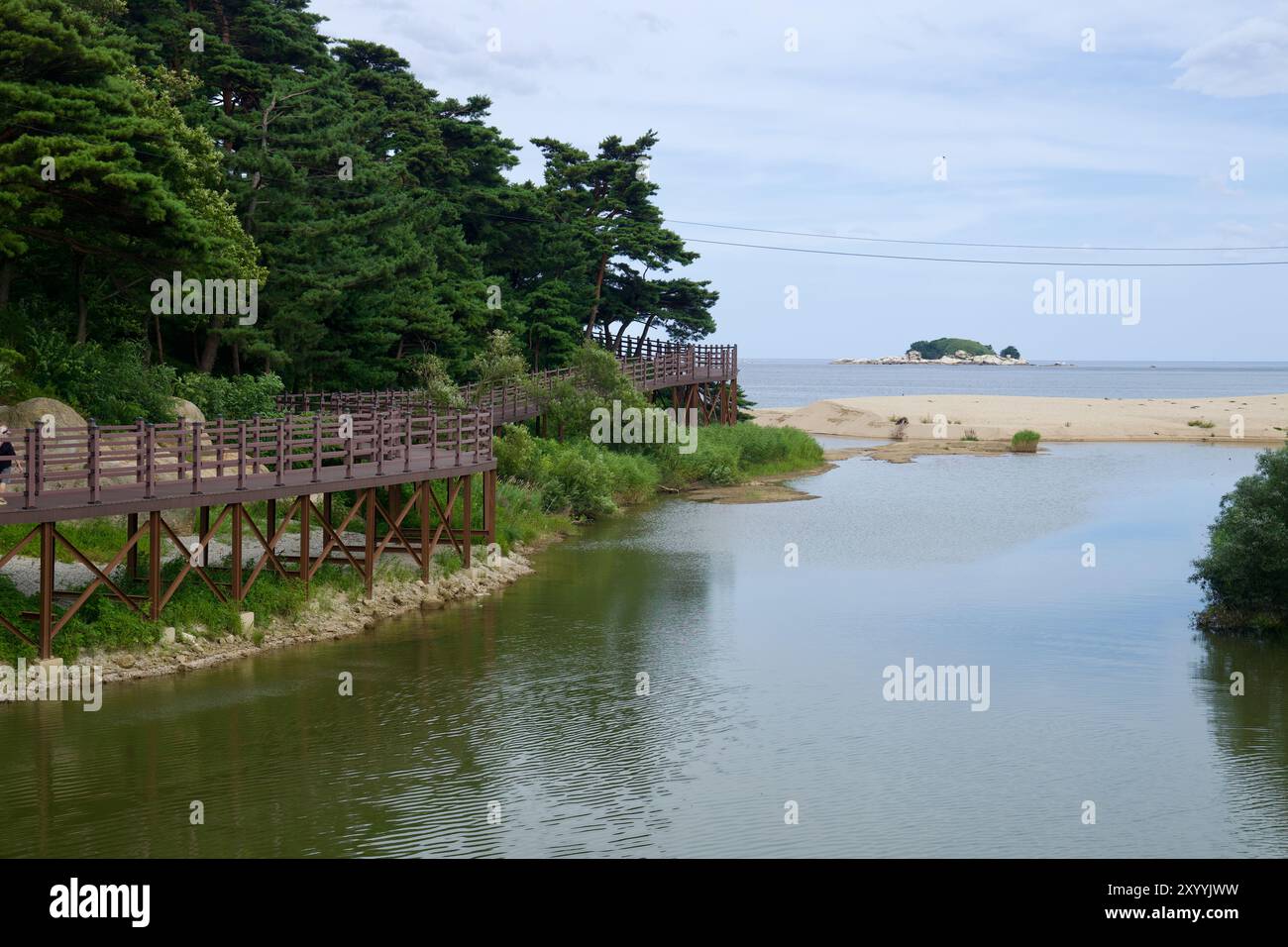 Goseong County, Südkorea - 28. Juli 2024: Ein malerischer, erhöhter Fußweg umgibt den Hügel, wo der Cheonggan Pavilion steht, und bietet Besuchern eine friedliche Atmosphäre Stockfoto