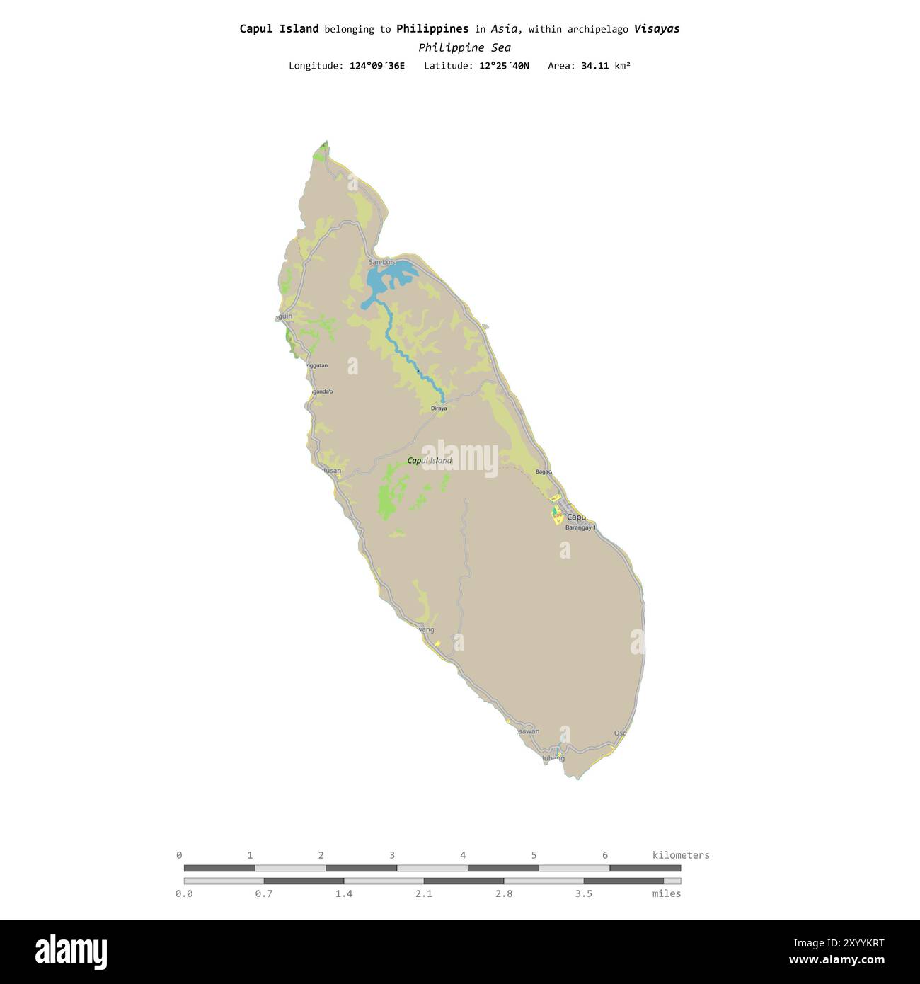 Capul Island in der Philippinischen See, die zu den Philippinen gehört, isoliert auf einer topografischen Karte im OSM-Standard mit Entfernungsskala Stockfoto