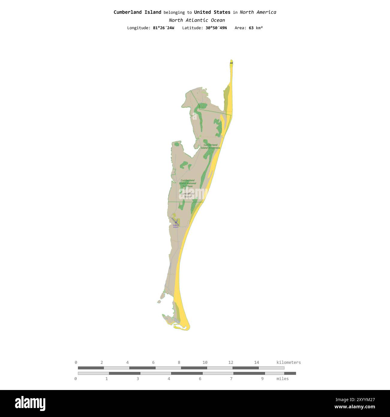 Cumberland Island im Nordatlantik, die zu den Vereinigten Staaten gehört, isoliert auf einer topografischen Karte im OSM-Standard mit Entfernungsskala Stockfoto