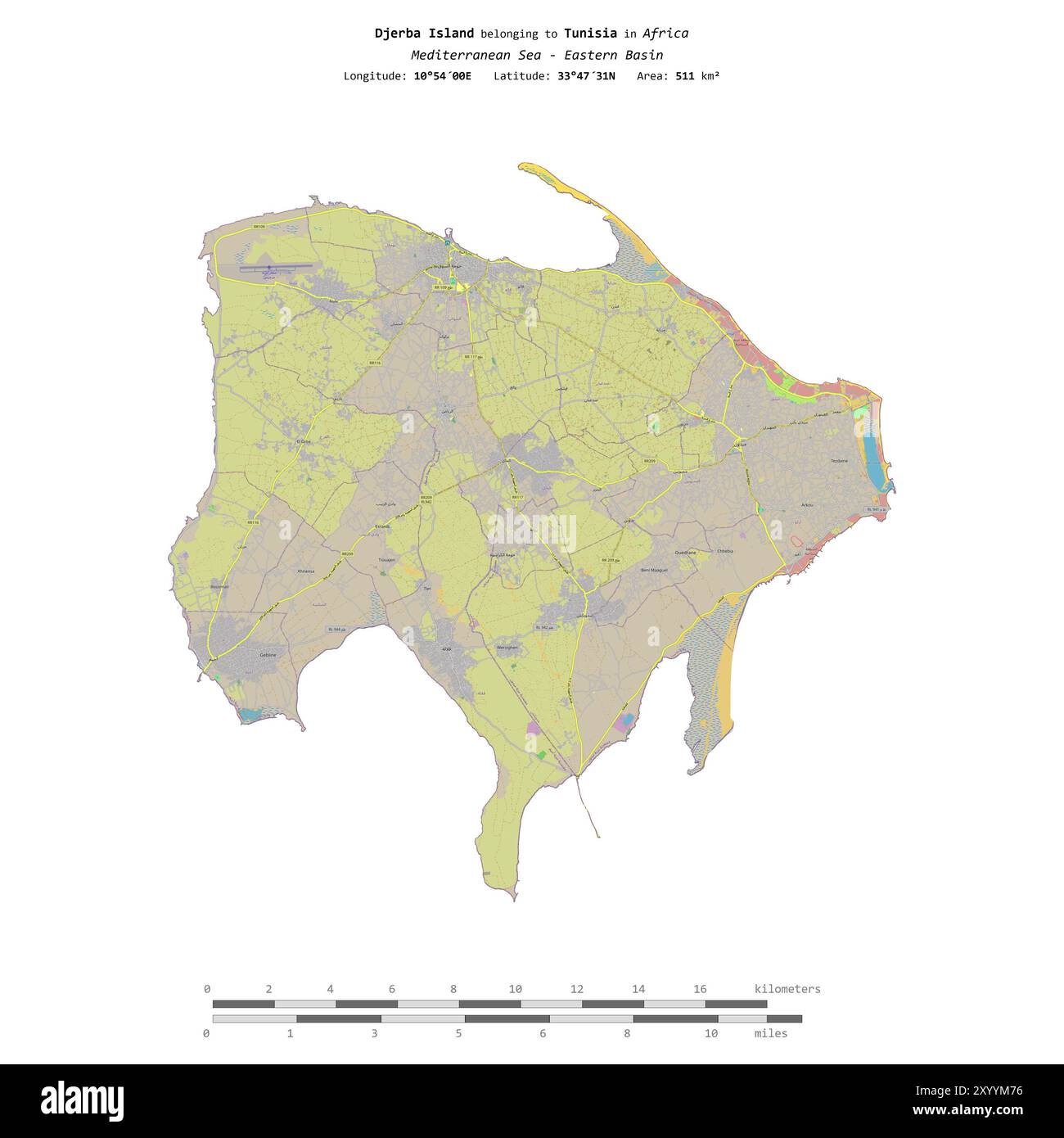 Insel Djerba im Mittelmeer - östliches Becken, zu Tunesien gehört, isoliert auf einer topografischen Karte im OSM-Standardstil, mit Entfernungsskala Stockfoto