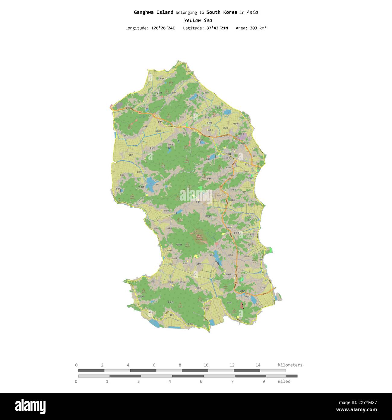 Ganghwa Island im Gelben Meer, zu Südkorea gehört, isoliert auf einer topografischen Karte im OSM-Standard mit Entfernungsskala Stockfoto