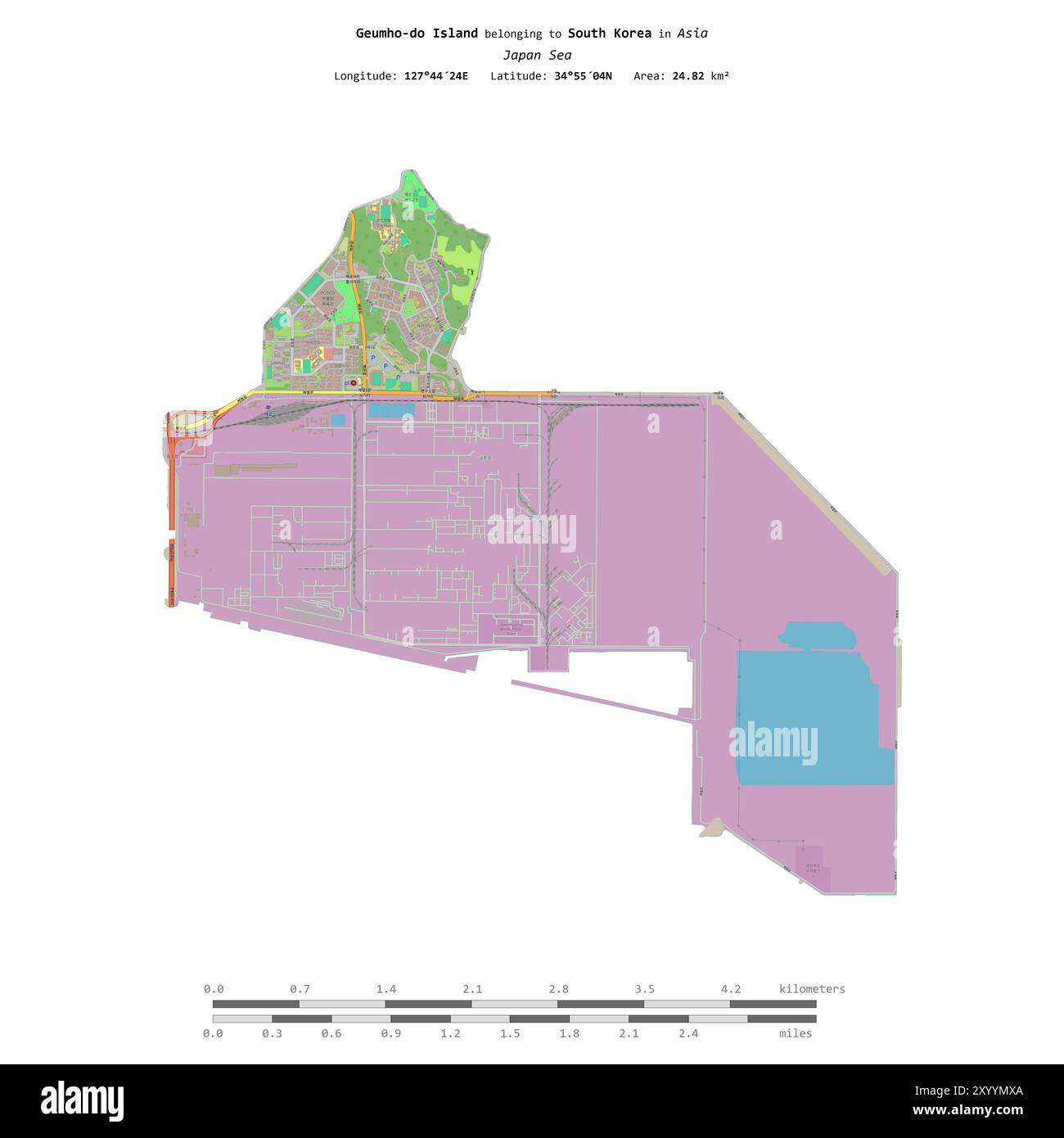 Geumho-Do-Insel im Japanischen Meer, die zu Südkorea gehört, isoliert auf einer topografischen Karte im OSM-Standard mit Entfernungsskala Stockfoto