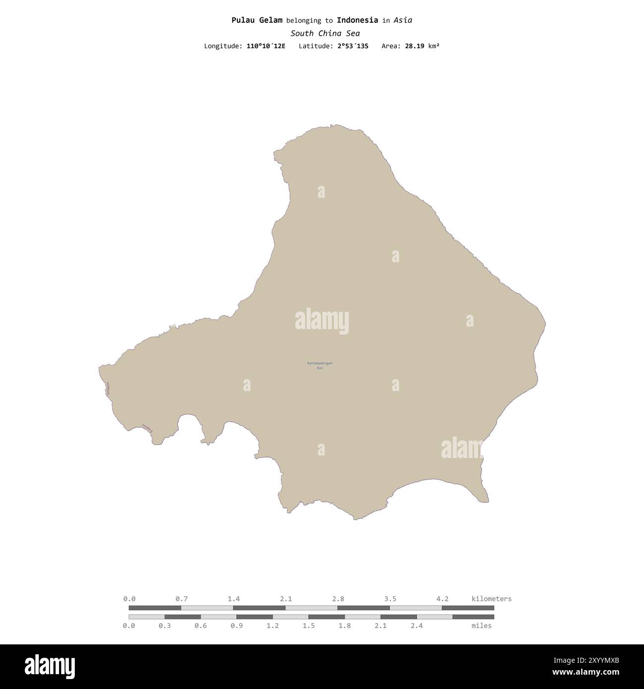 Pulau Gelam im Südchinesischen Meer, das zu Indonesien gehört, isoliert auf einer topografischen Karte im OSM-Standard mit Entfernungsskala Stockfoto