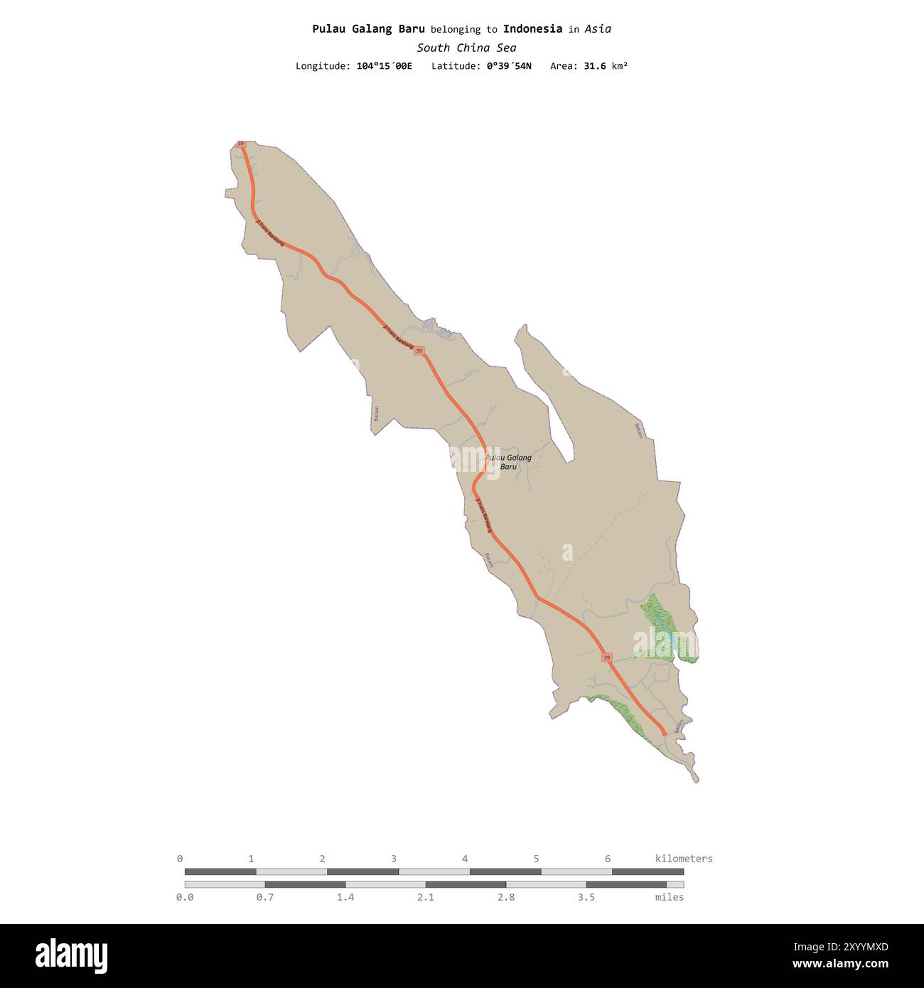 Pulau Galang Baru im Südchinesischen Meer, das zu Indonesien gehört, isoliert auf einer topografischen Karte im OSM-Standard mit Entfernungsskala Stockfoto