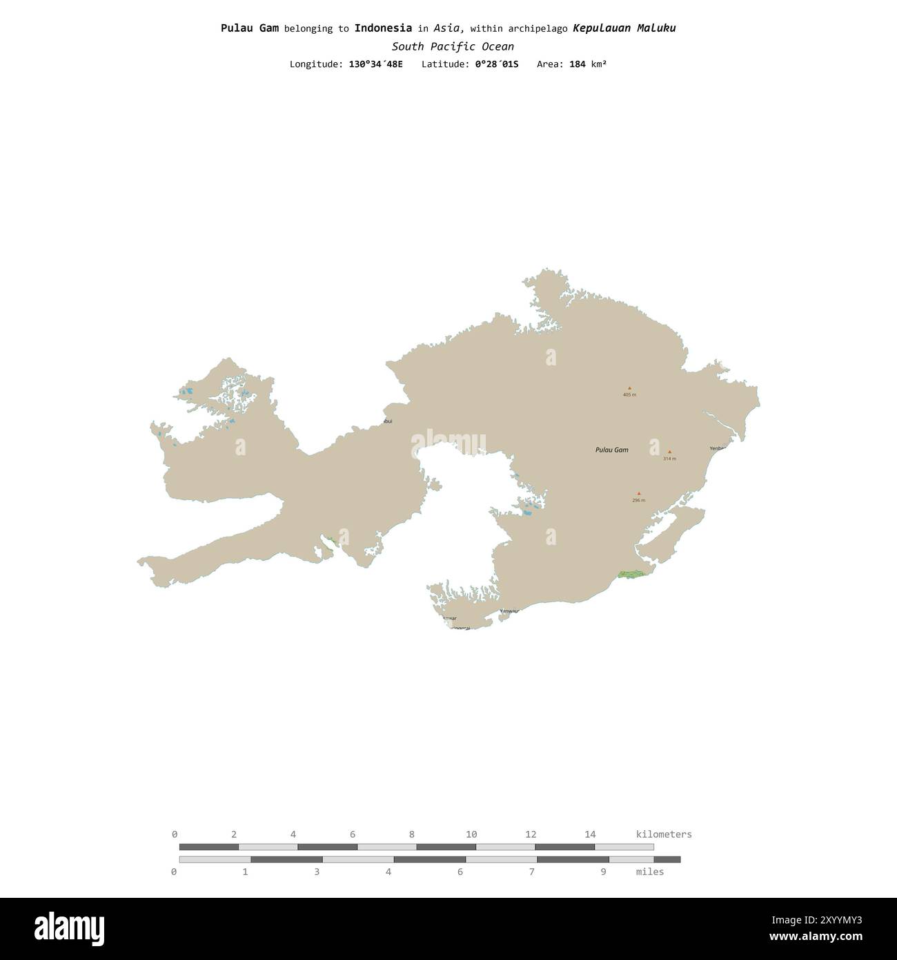 Pulau Gam im Südpazifik, das zu Indonesien gehört, isoliert auf einer topografischen Karte im OSM-Standard mit Entfernungsskala Stockfoto