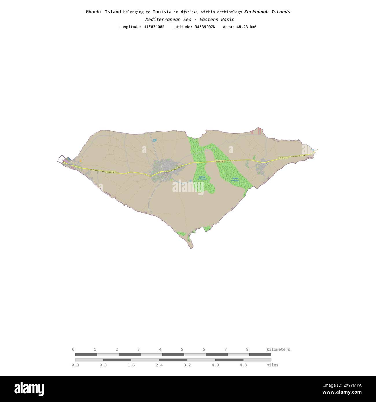 Insel Gharbi im Mittelmeer - östliches Becken, zu Tunesien gehört, isoliert auf einer topografischen Karte im OSM-Standardstil, mit Entfernungsskala Stockfoto