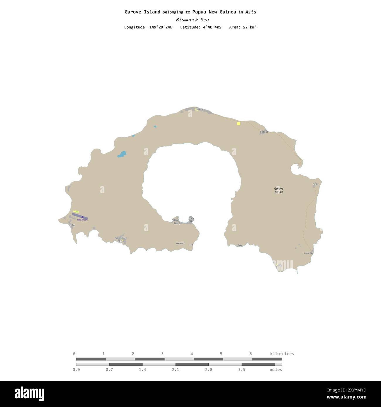 Garove Island in der Bismarcksee, die zu Papua-Neuguinea gehört, isoliert auf einer topografischen Karte im OSM-Standard mit Entfernungsskala Stockfoto