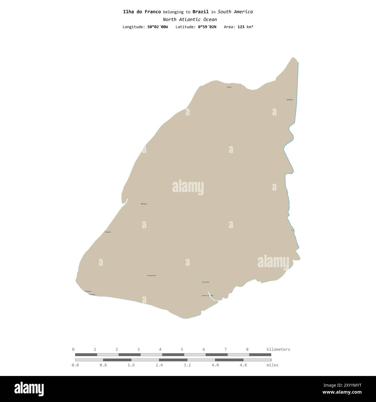 Ilha do Franco im Nordatlantik, das zu Brasilien gehört, isoliert auf einer topografischen Karte im OSM-Standardstil mit Entfernungsskala Stockfoto