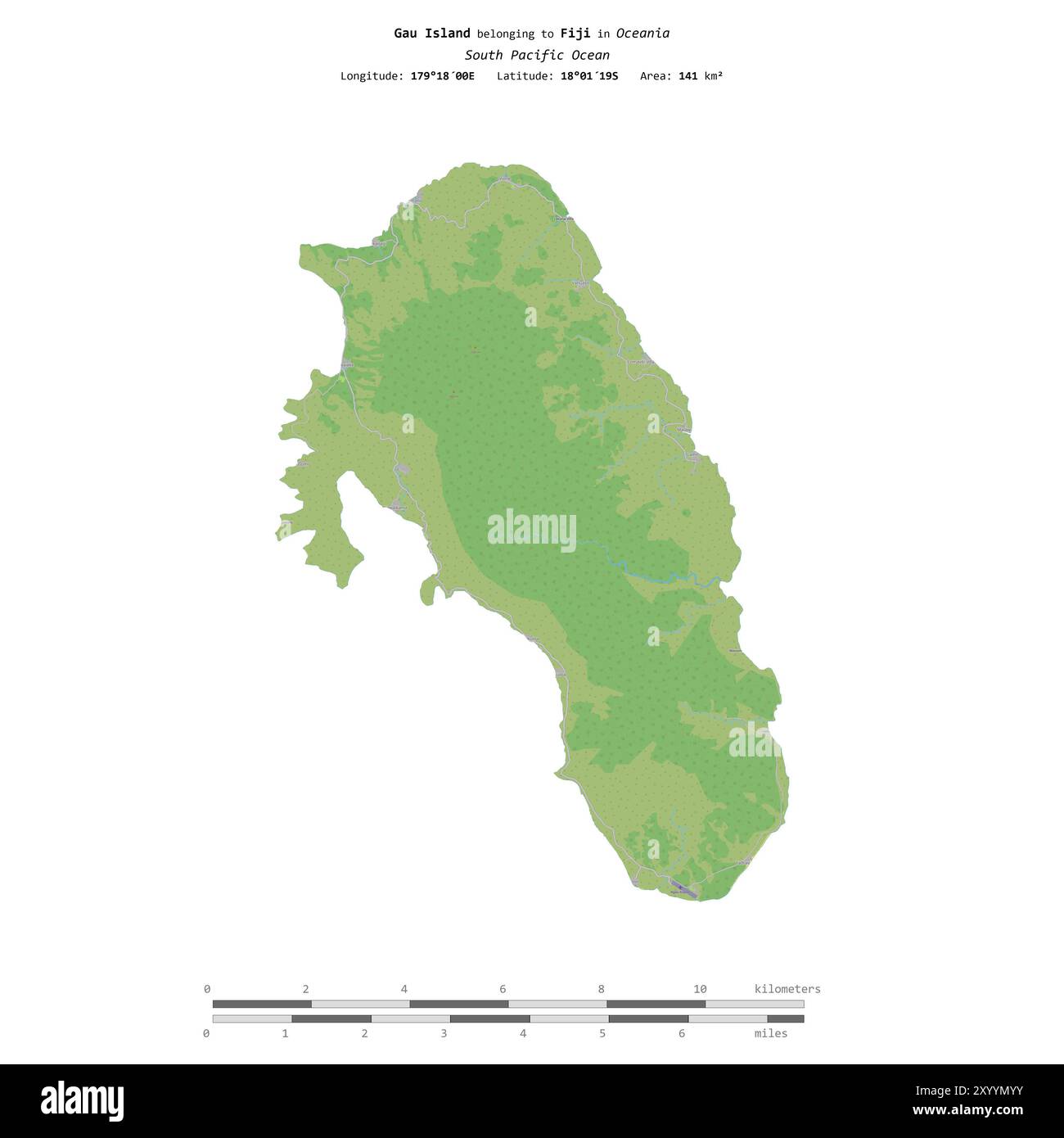 Die Insel Gau im Südpazifik gehört zu Fidschi, isoliert auf einer topografischen Karte im OSM-Standard mit Entfernungsskala Stockfoto