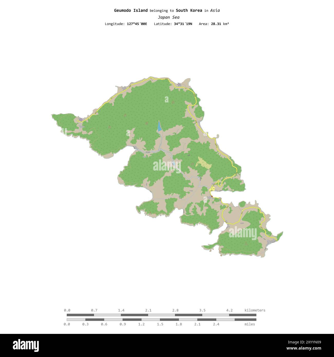 Geumodo-Insel im Japanischen Meer, die zu Südkorea gehört, isoliert auf einer topografischen Karte im OSM-Standard mit Entfernungsskala Stockfoto