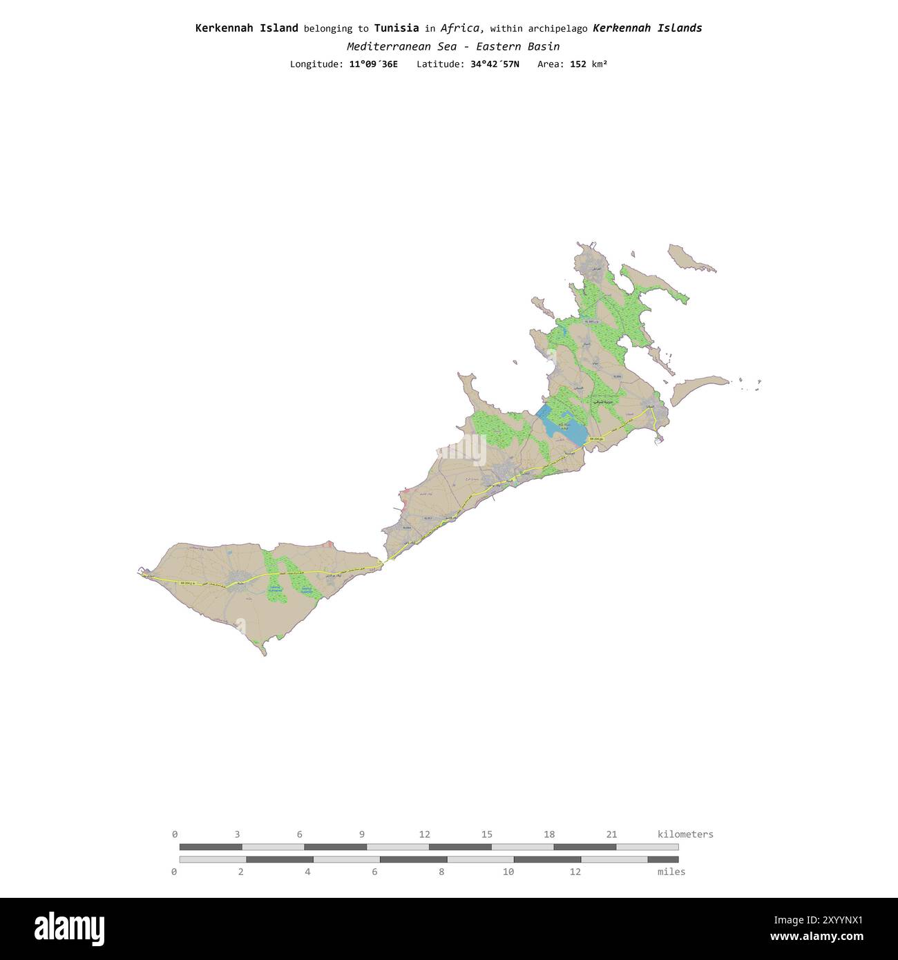 Insel Kerkennah im Mittelmeer - östliches Becken, zu Tunesien gehört, isoliert auf einer topografischen Karte im OSM-Standardstil, mit Entfernungsskala Stockfoto