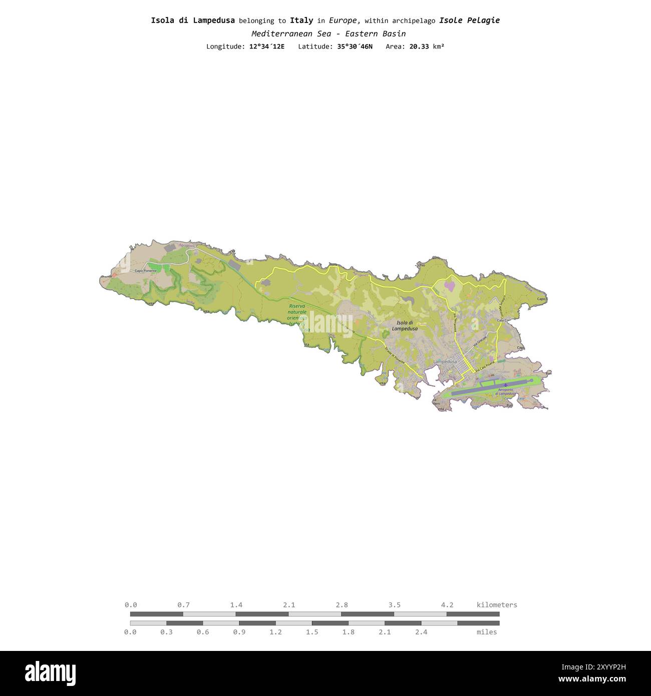 Isola di Lampedusa im Mittelmeer - östliches Becken, zu Italien gehört, isoliert auf einer topografischen Karte im OSM-Standard, mit Entfernungsskala Stockfoto