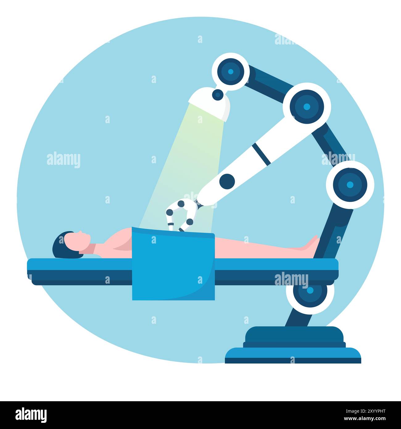 Robotischer Operationsarm, der an einem Patienten auf einem Operationsbett operiert. Stockfoto