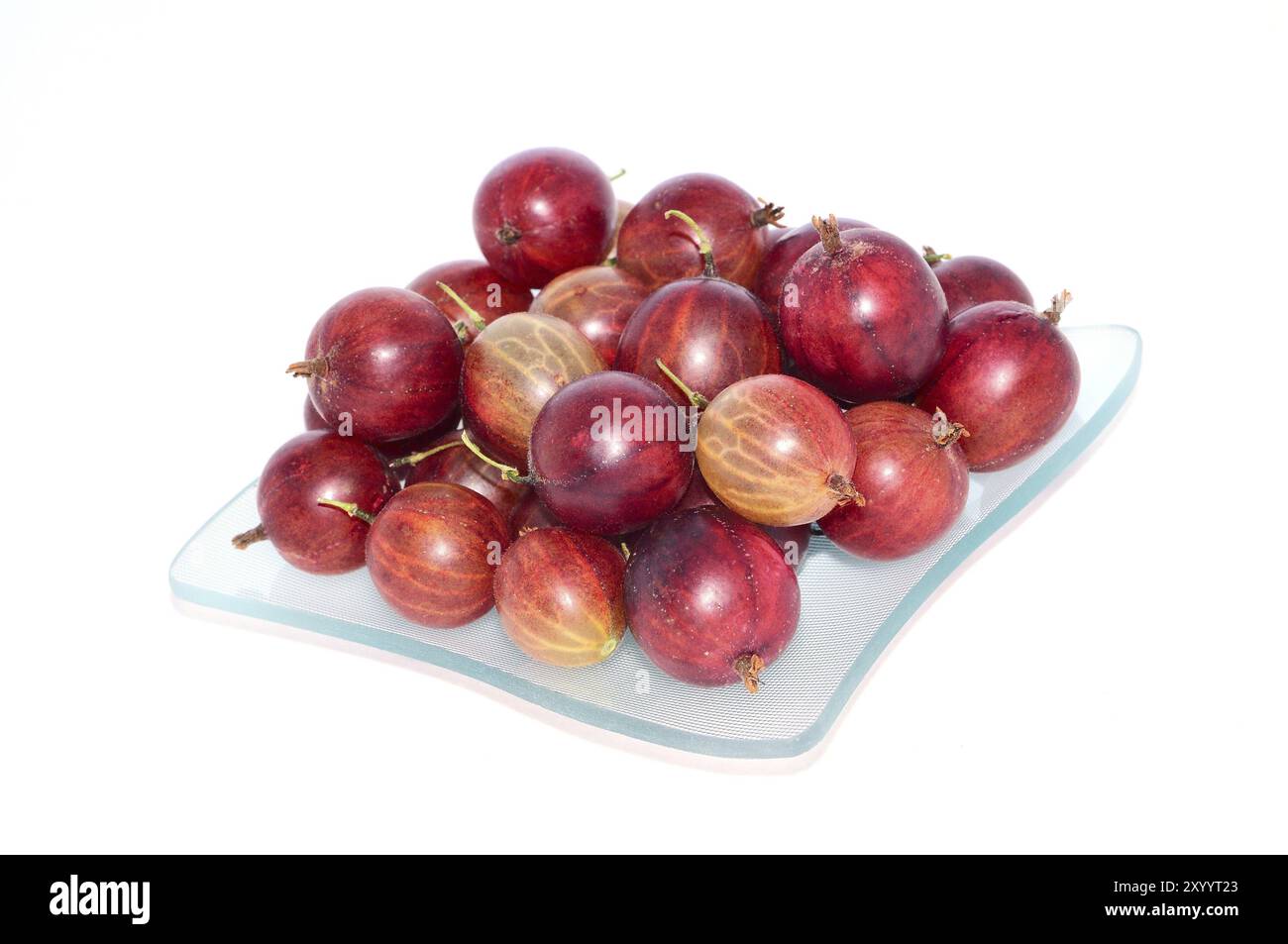 Rote Stachelbeeren auf einer Glasplatte Stockfoto