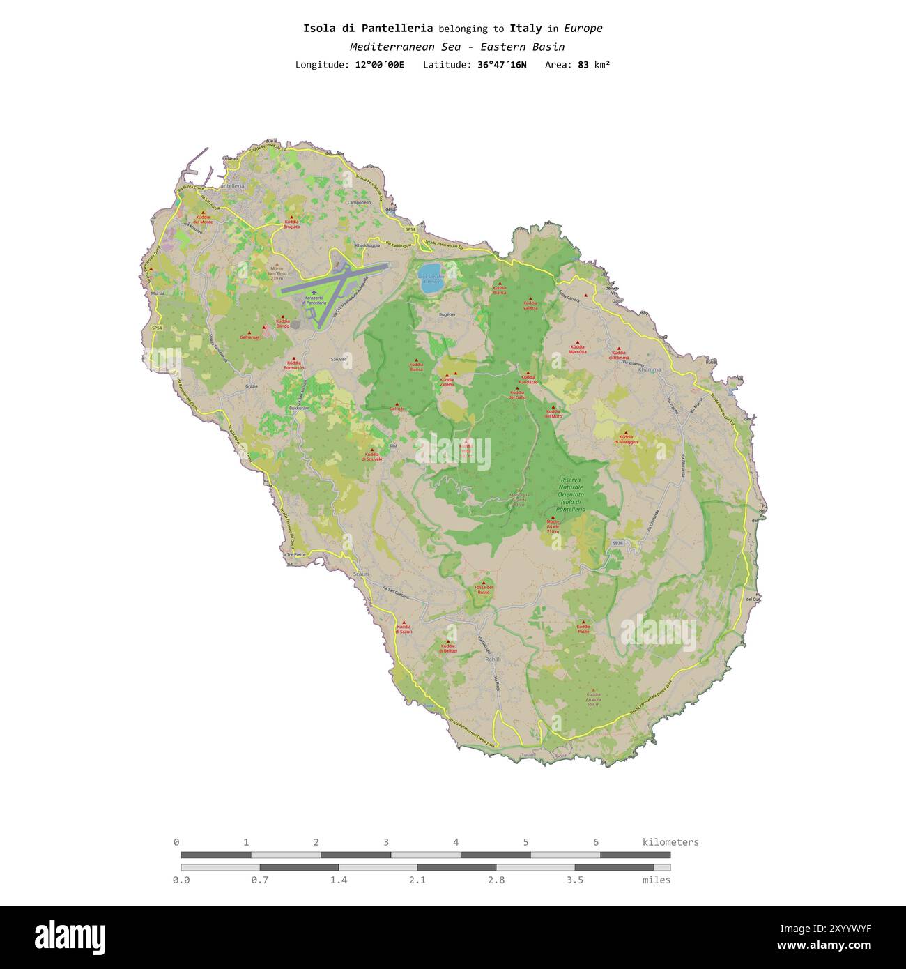 Isola di Pantelleria im Mittelmeer - östliches Becken, zu Italien gehört, isoliert auf einer topografischen Karte im OSM-Standard, mit Entfernung sc Stockfoto