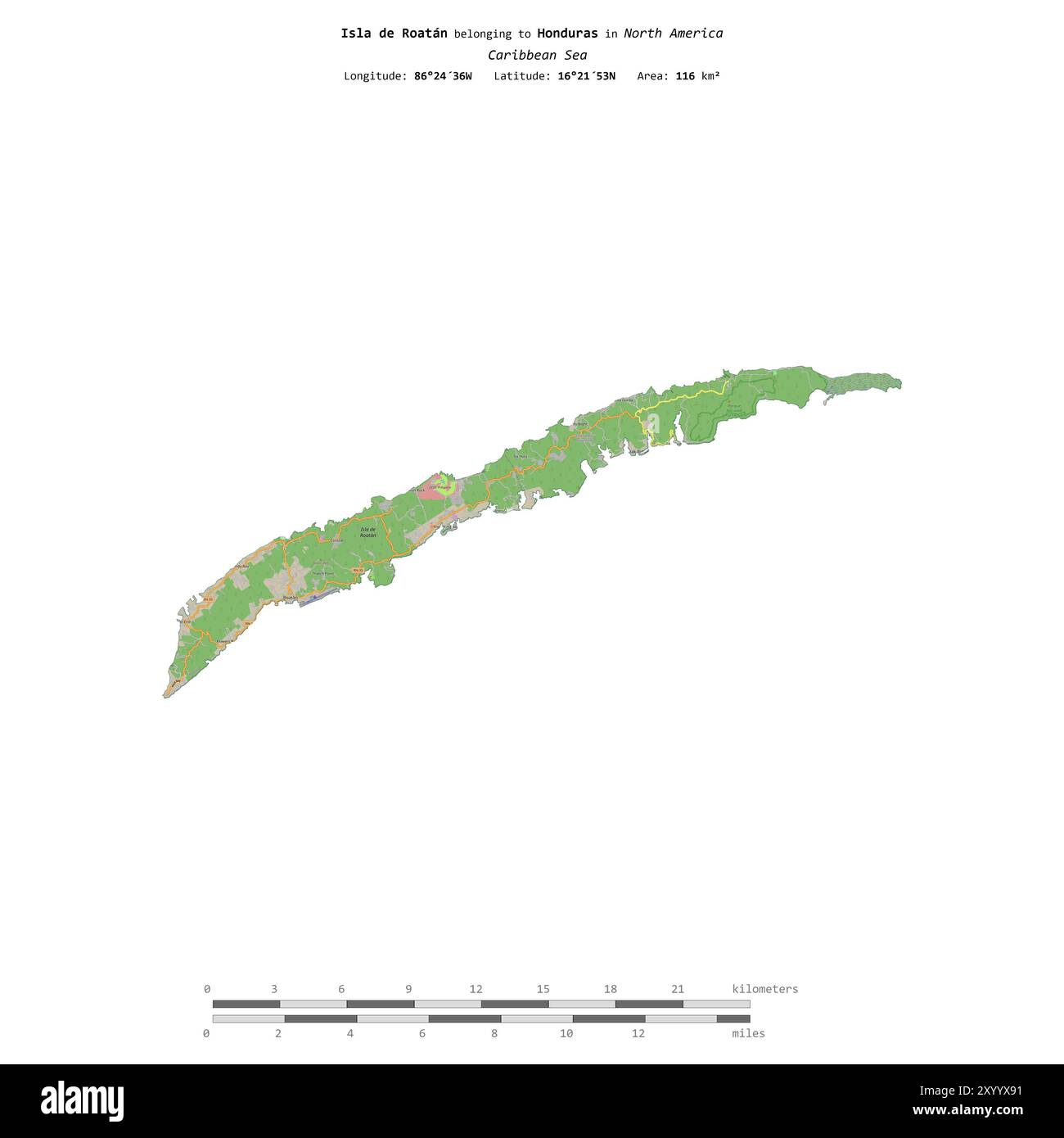 Isla de Roatan in der Karibik, gehört zu Honduras, isoliert auf einer topografischen Karte im OSM-Standard mit Entfernungsskala Stockfoto