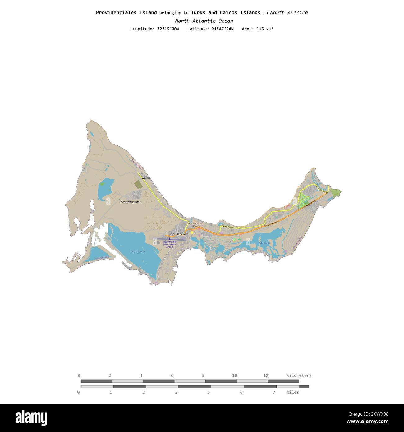 Providenciales Island im Nordatlantik, die zu den Turks- und Caicosinseln gehört, isoliert auf einer topografischen Karte im OSM-Standardstil, mit dist Stockfoto