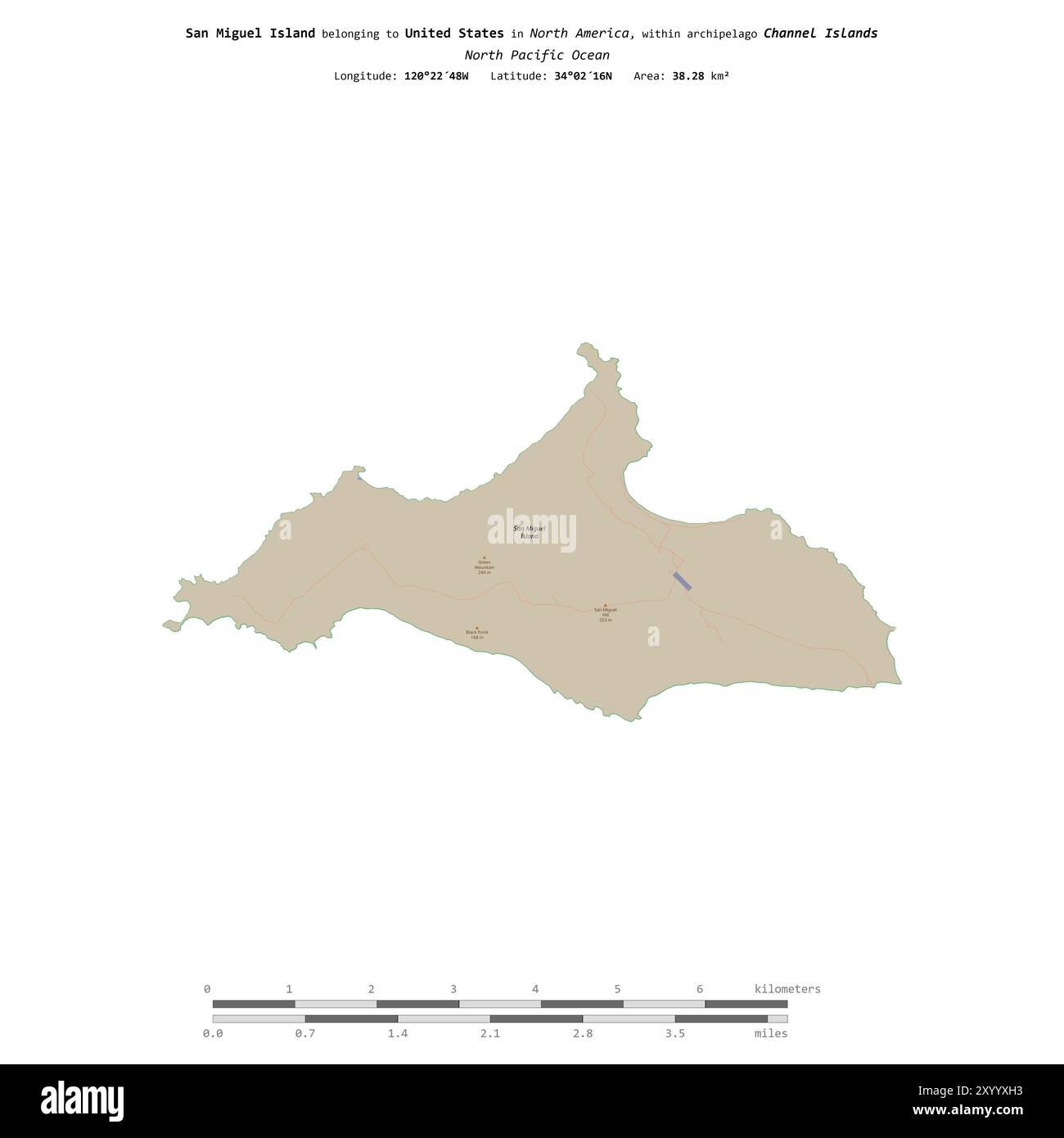San Miguel Island im Nordpazifik, die zu den Vereinigten Staaten gehört, isoliert auf einer topografischen Karte im OSM-Standard mit Entfernungsskala Stockfoto