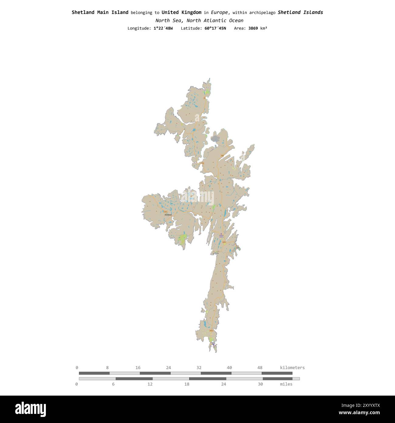 Shetland Main Island in der Nordsee, zu Großbritannien gehört, isoliert auf einer topografischen Karte im OSM-Standard mit Entfernungsskala Stockfoto