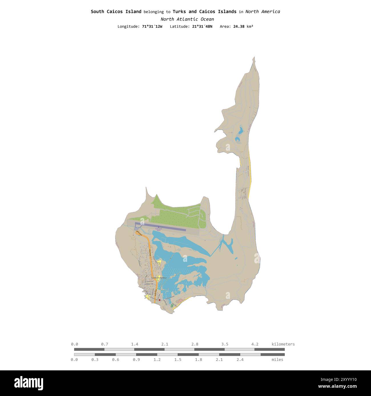 South Caicos Island im Nordatlantik, die zu den Turks- und Caicosinseln gehört, isoliert auf einer topografischen Karte im OSM-Standardstil, mit distan Stockfoto