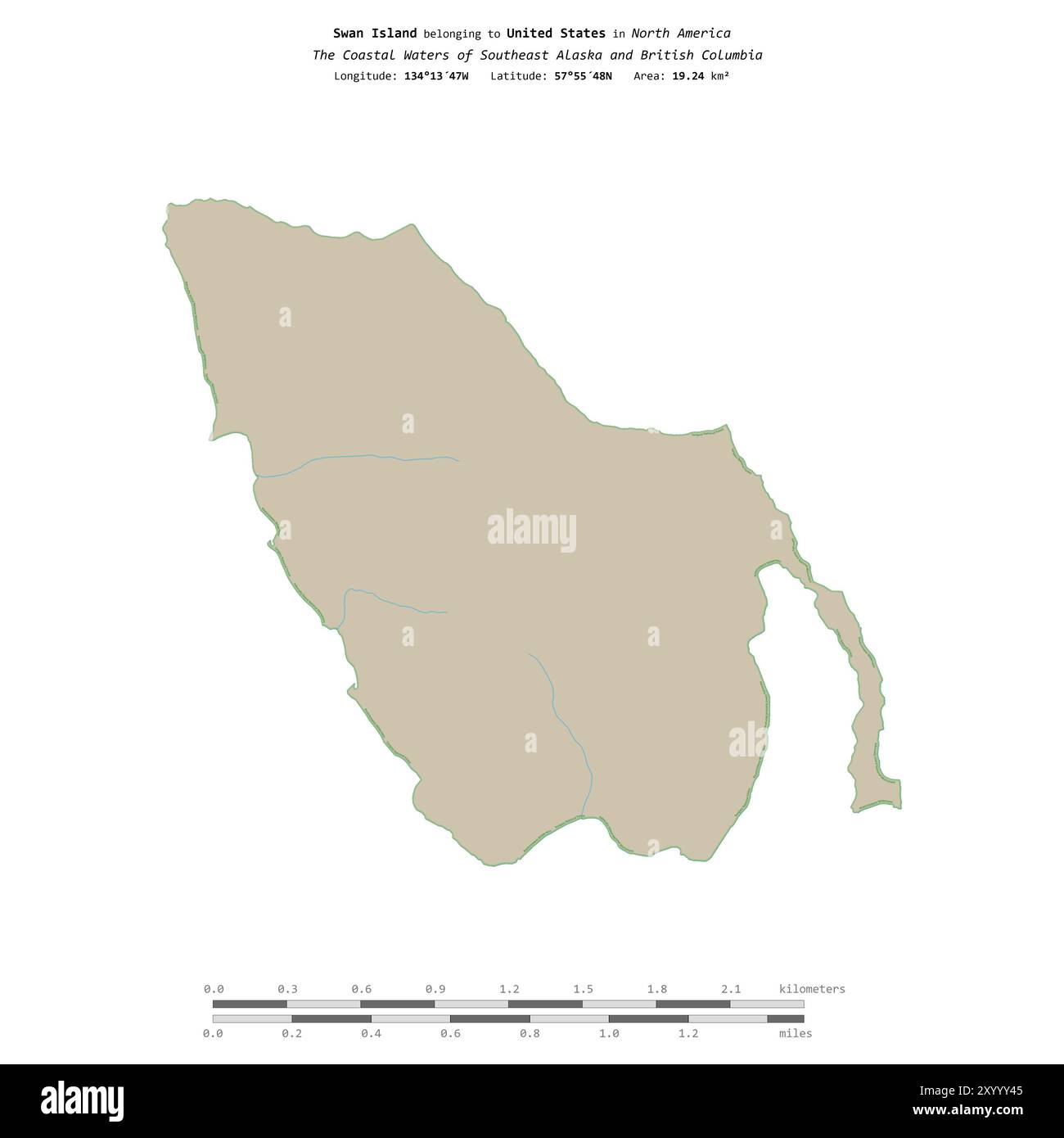 Swan Island in den Küstengewässern von Südost-Alaska und British Columbia, die zu den Vereinigten Staaten gehören, isoliert auf einer topographischen OSM-Standardstraße Stockfoto