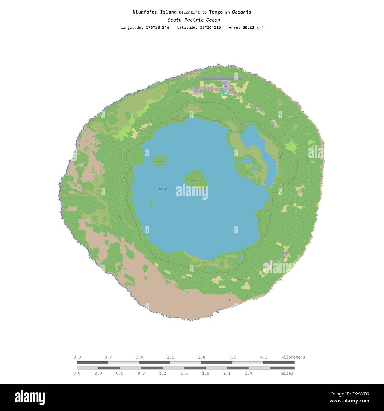 Niuafoou Island im Südpazifik, zu Tonga gehört, isoliert auf einer topographischen Karte im OSM-Standard mit Entfernungsskala Stockfoto