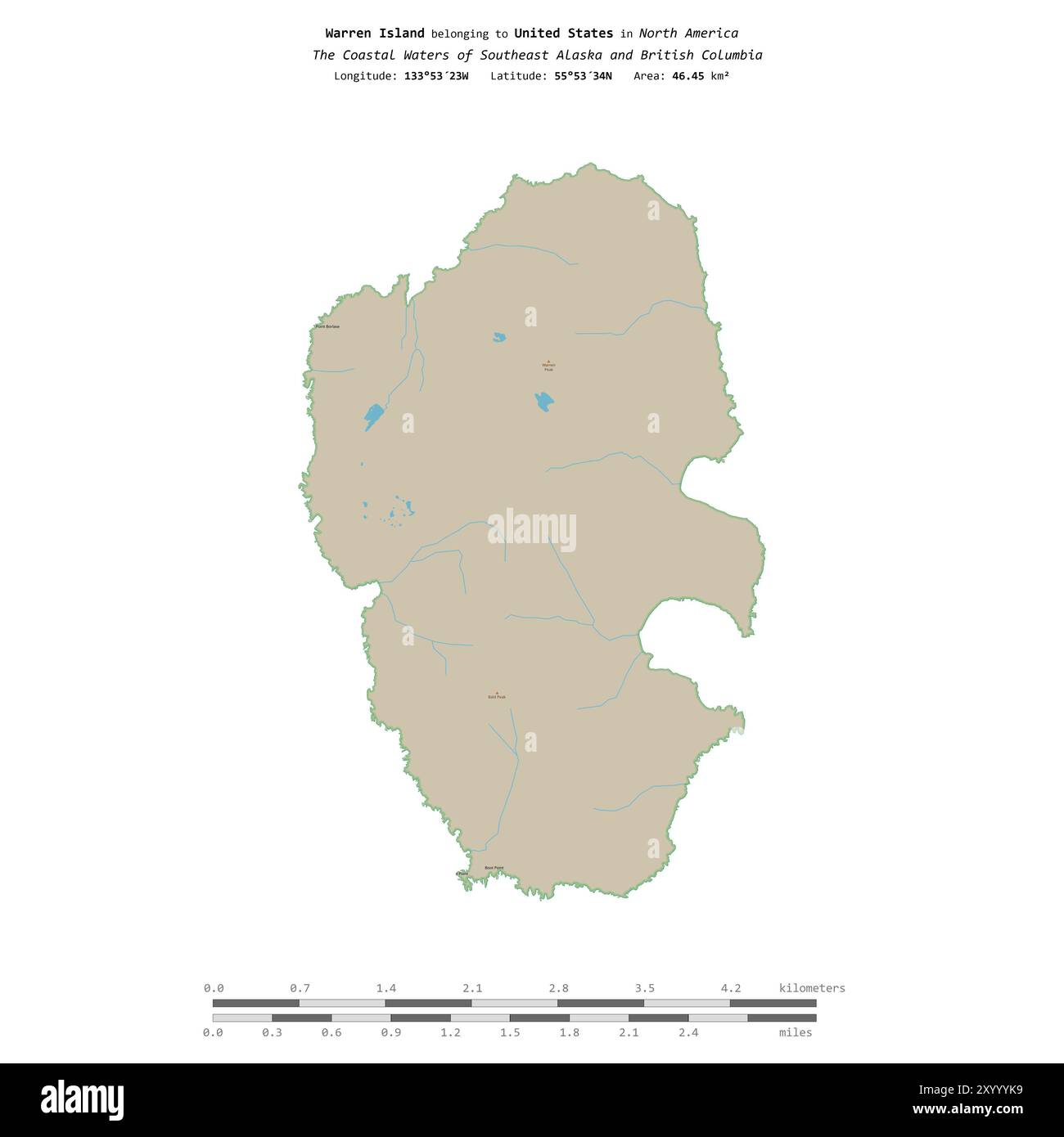 Warren Island in den Küstengewässern von Südost-Alaska und British Columbia, die zu den Vereinigten Staaten gehören, isoliert auf einem topographischen OSM-Standard Stockfoto