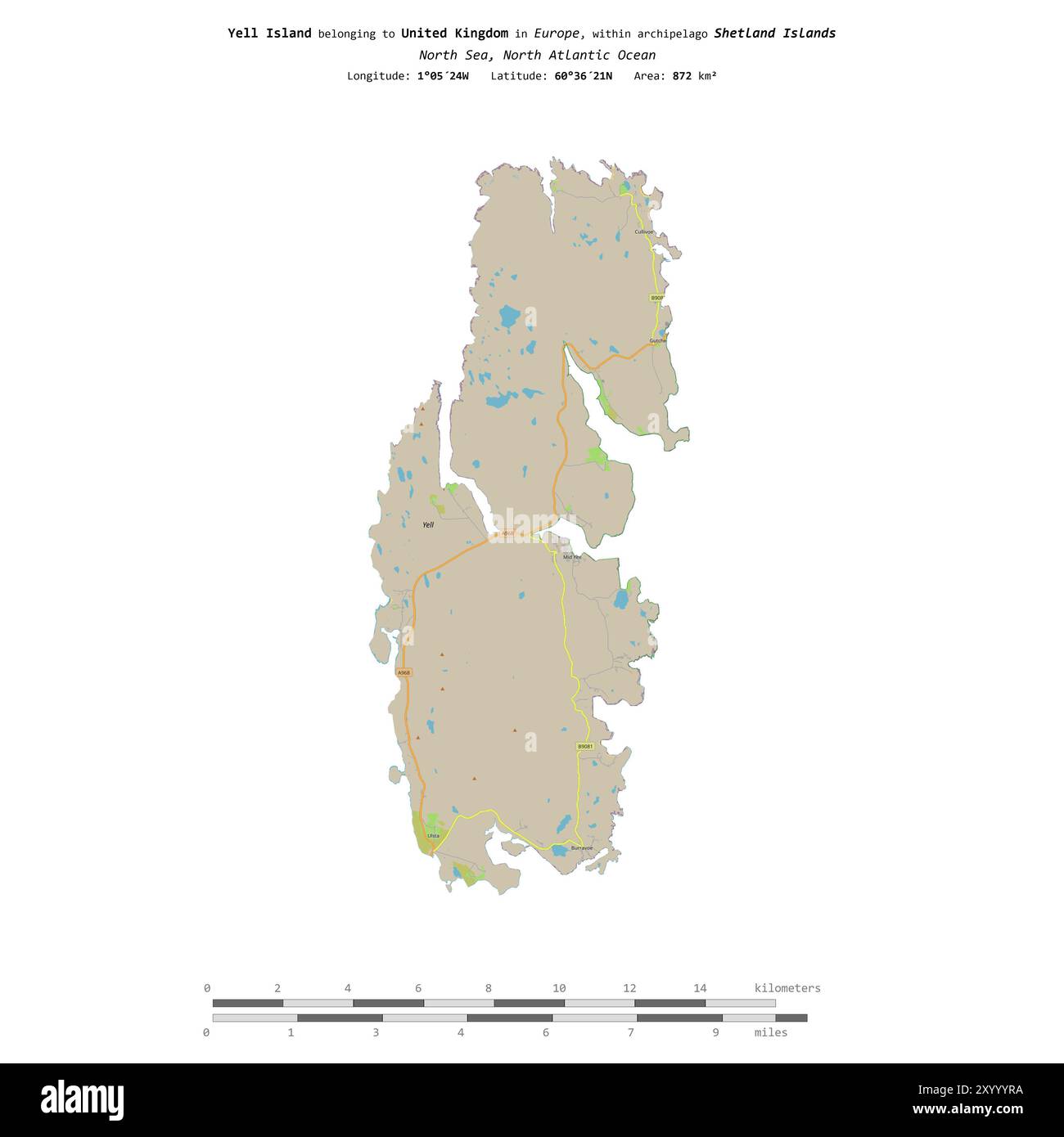 Yell Island in der Nordsee, zu Großbritannien gehört, isoliert auf einer topografischen Karte im OSM-Standard mit Entfernungsskala Stockfoto