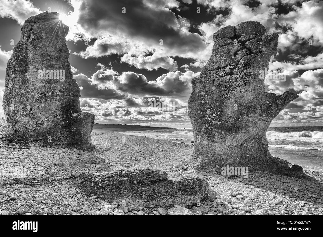 Kalksteinformationen (Raukar), Naturpark Langhammars, Färöer, Gotland, Schweden, September 2013, Europa Stockfoto