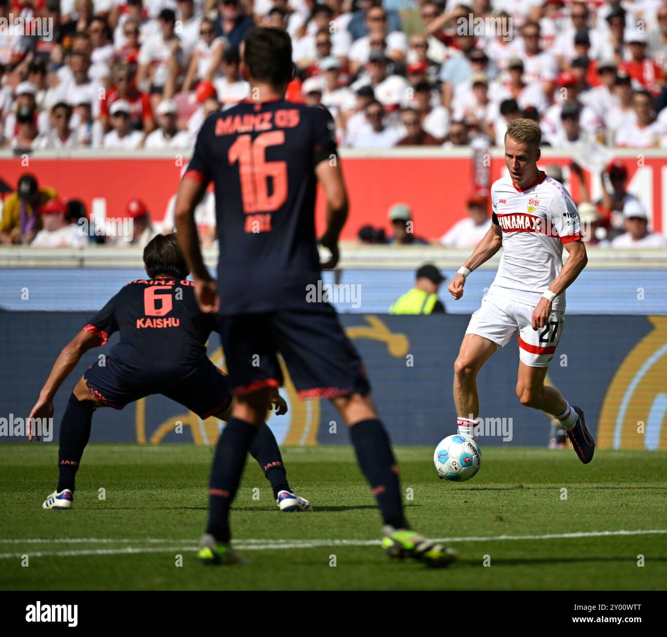 Stuttgart, Deutschland. 31. August 2024. Chris Fuehrich VfB Stuttgart (27) Aktion am Ball VfB Stuttgart vs. 1. FSV MAINZ 05 31.08.2024 DFL-VORSCHRIFTEN VERBIETEN DIE VERWENDUNG VON FOTOGRAFIEN ALS BILDSEQUENZEN UND/ODER QUASI-VIDEO/DPA/ALAMY LIVE NEWS Stockfoto