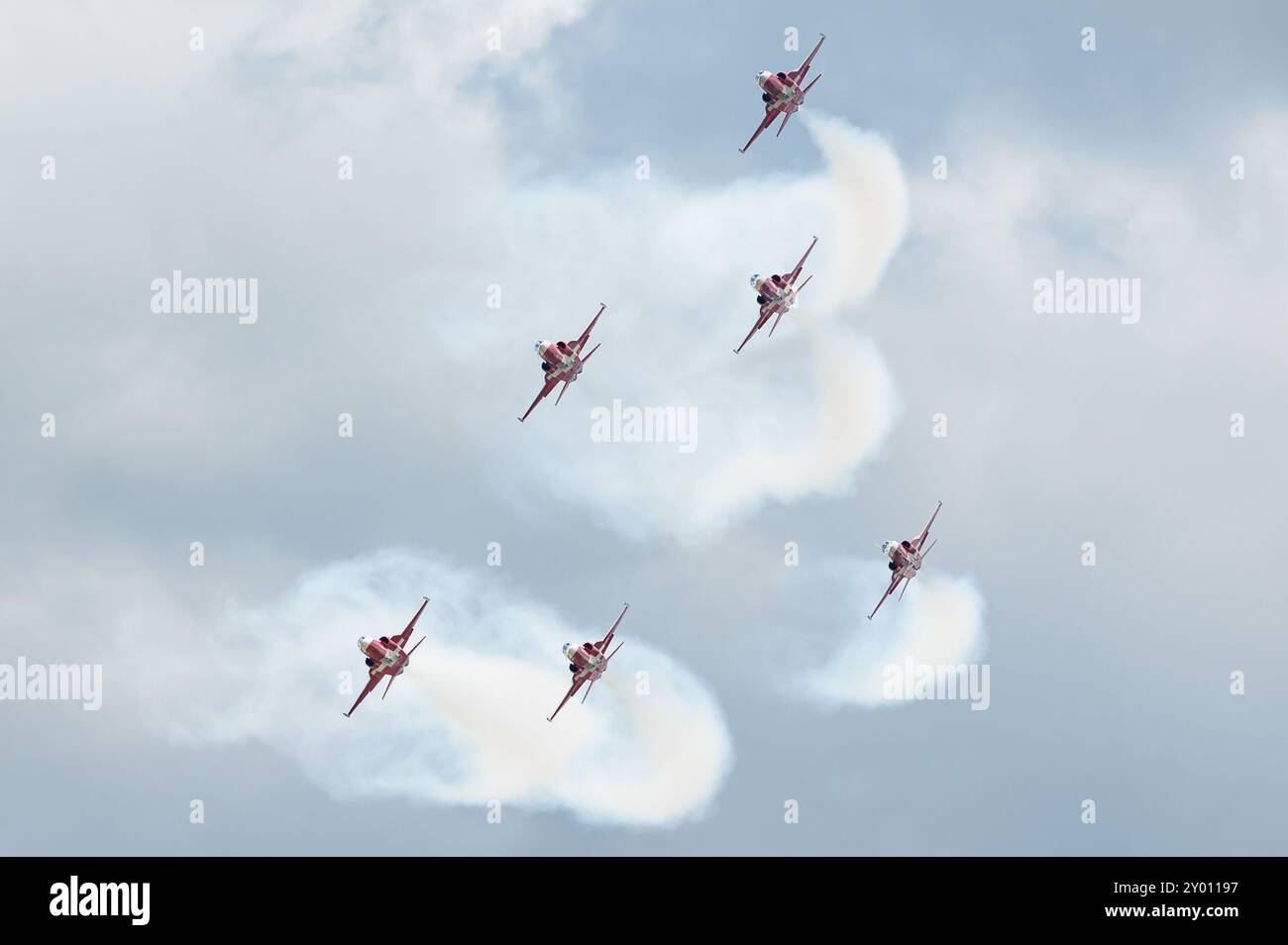 Das berühmte Kunstflugteam Patrouille Suisse der Schweizer Luftwaffe und ihre Kampfflugzeuge Northrop F-5E Tiger II. Stockfoto