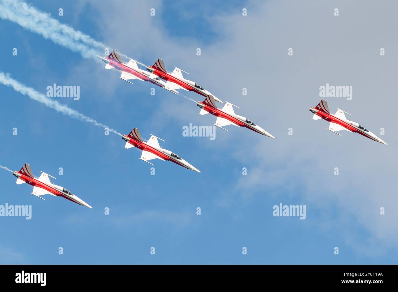 Das berühmte Kunstflugteam Patrouille Suisse der Schweizer Luftwaffe und ihre Kampfflugzeuge Northrop F-5E Tiger II. Stockfoto