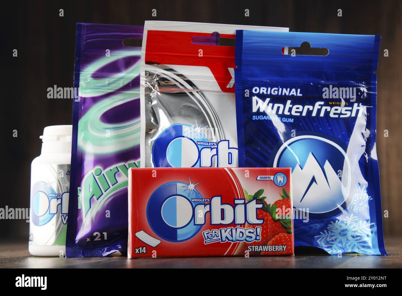 Flaggschiffprodukte der Wrigley Company, dem weltweit größten Hersteller und Vermarkter von Kaugummi mit Hauptsitz in Chicago, Illinois, USA, Nort Stockfoto