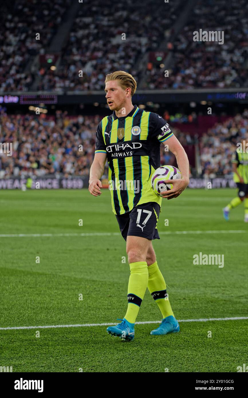 London, Großbritannien. 31. August 2024. London, England, August 31 2024: Kevin de Bruyne (17 Manchester City) während des Premier League-Spiels zwischen West Ham und Manchester City im London Stadium. (Pedro Porru/SPP) Credit: SPP Sport Press Photo. /Alamy Live News Stockfoto