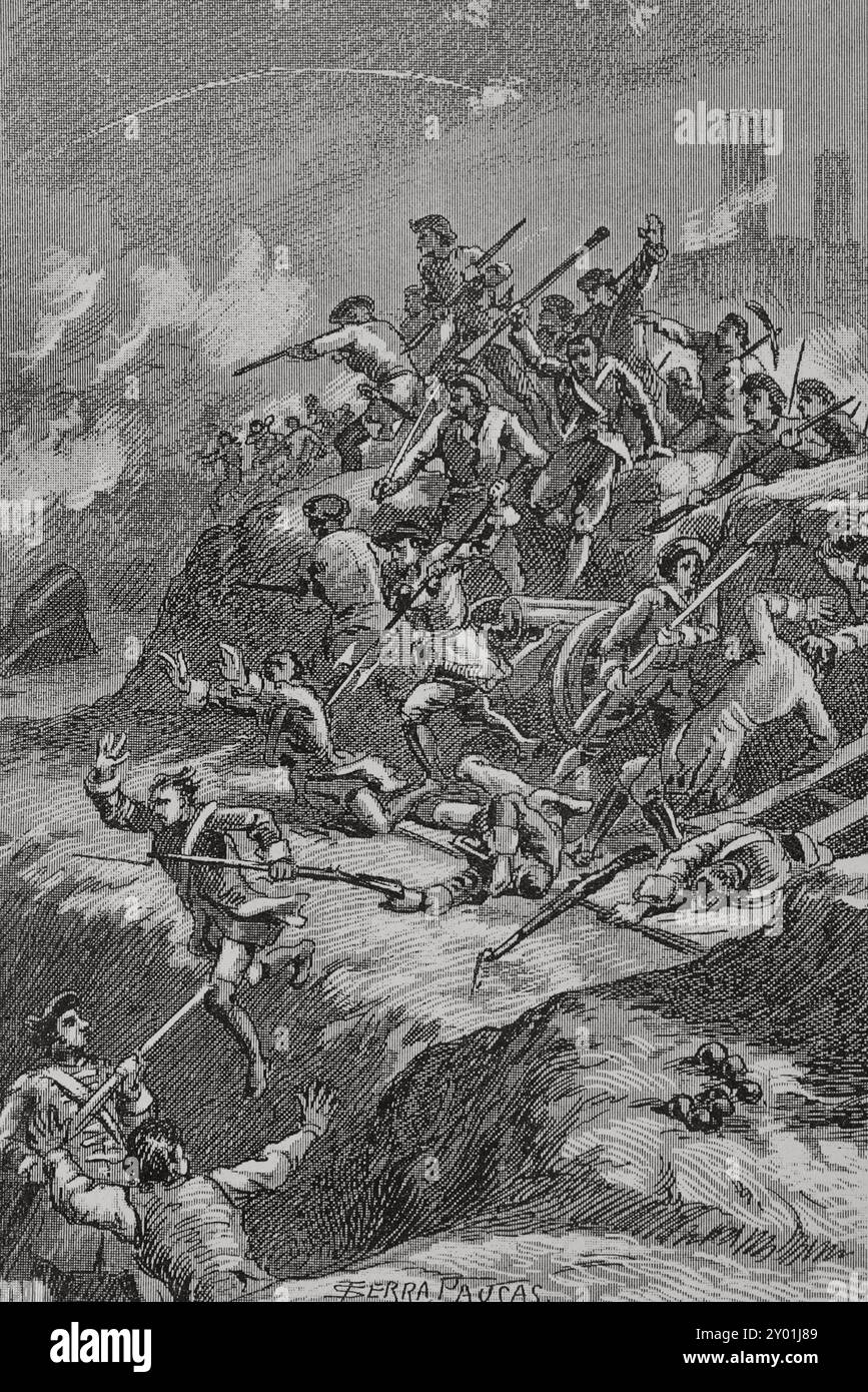 Der spanische Erbfolgekrieg (1705-1714). Katalonien-Kampagne. Belagerung von Barcelona (1713-1714). Am 12. August 1714 brach die Bourbon-Armee auf, um die Stadt Barcelona anzugreifen. Am 12., 13. Und 14. Verübten sie mehrere Artilleriebeschiebe auf die Santa Clara Bastion, obwohl der Herzog von Berwick schließlich von den Katalanen besiegt wurde. Die Barcelonier kommen in Kraft. Illustration von Serra Pausas. „Glorias Españolas“ (Glorias von Spanien). Band IV. Veröffentlicht in Barcelona, 1890. Stockfoto