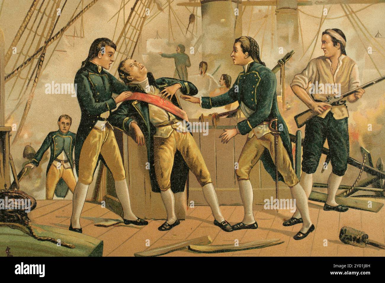 Federico Gravina (1756-1806). Spanische Admiral während der Amerikanischen Revolution und der Napoleonischen Kriege. Er starb an den Wunden, die er während der Schlacht von Trafalgar am 21. Oktober 1805 erlitten hatte. Tod von Gravina. Chromolithographie. „Glorias Españolas“ (Glorias von Spanien). Band IV. Veröffentlicht in Barcelona, 1890. Stockfoto