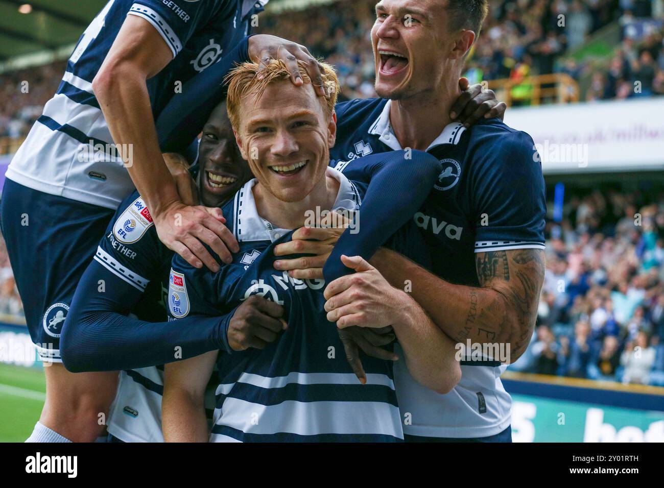 Millwall Duncan Watmore erzielt ein TOR von 2-0 und feiert am 31. August 2024 während des Spiels Millwall FC gegen Sheffield Wednesday FC SKY Bet EFL Championship in den, London, Großbritannien. Credit: Every Second Media/Alamy Live News Stockfoto