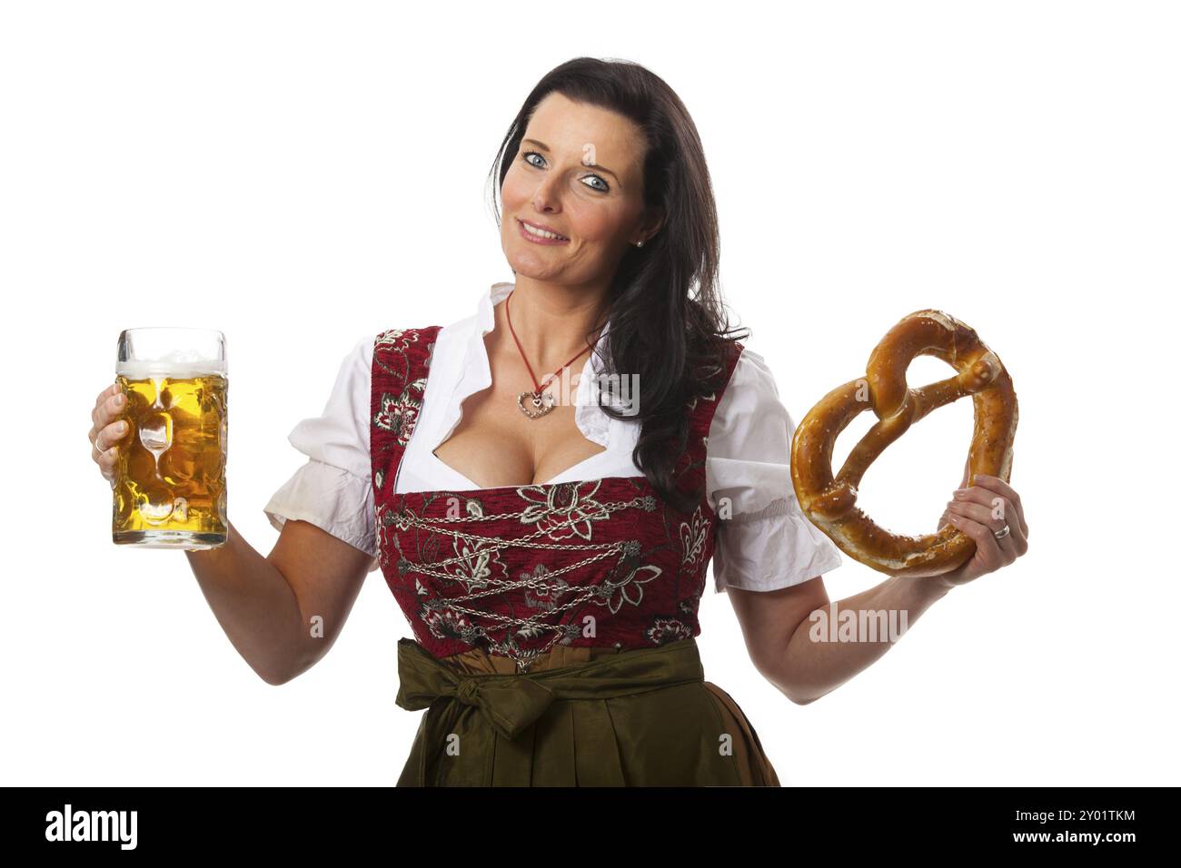 Dirndl, bayerisch, Frau, Bier, Brezel, Bierkrug, Messe, Masskrug, Tradition, Oktoberfest, Brezel, Dirndl-Kleid, Dekolleté, Bestager, Beste, ager, Munic Stockfoto