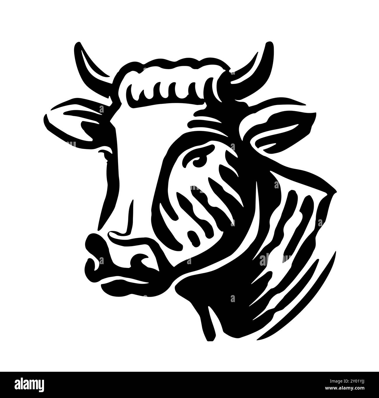 Handgezogener Kuhkopf. Milchfarm, Milch, Rindfleisch Emblem. Schwarzweiß-Illustrationsskizze Stock Vektor
