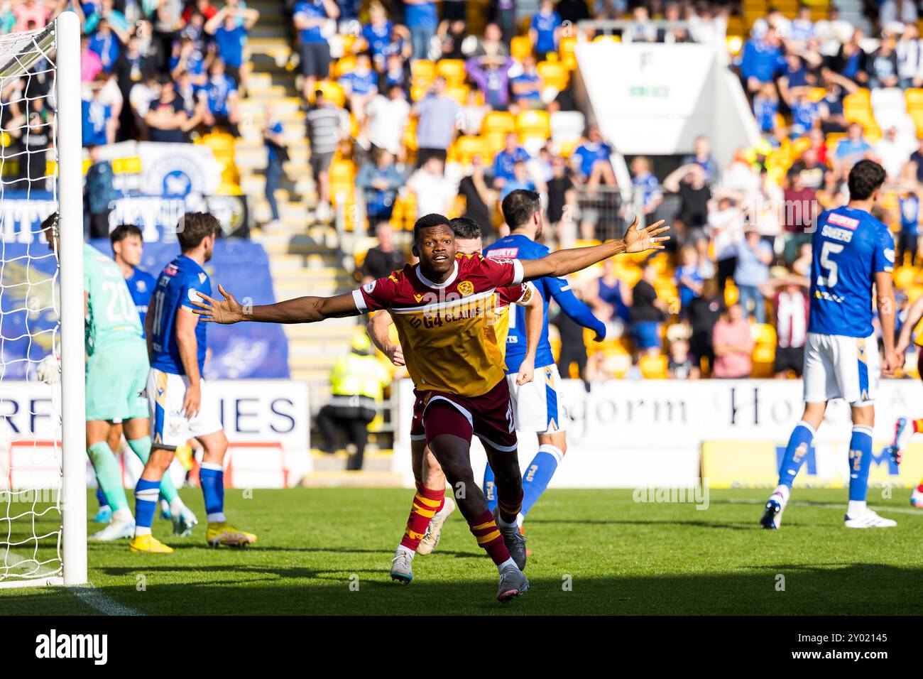 Perth, Schottland. 31. August 2024. Moses Ebiye (24 – Motherwell) gewinnt das Spiel für seinen Verein St Johnstone vs Motherwell – Scottish Premiership Credit: Raymond Davies / Alamy Live News Stockfoto